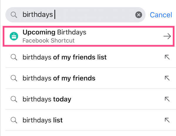 facebook birthday search bar