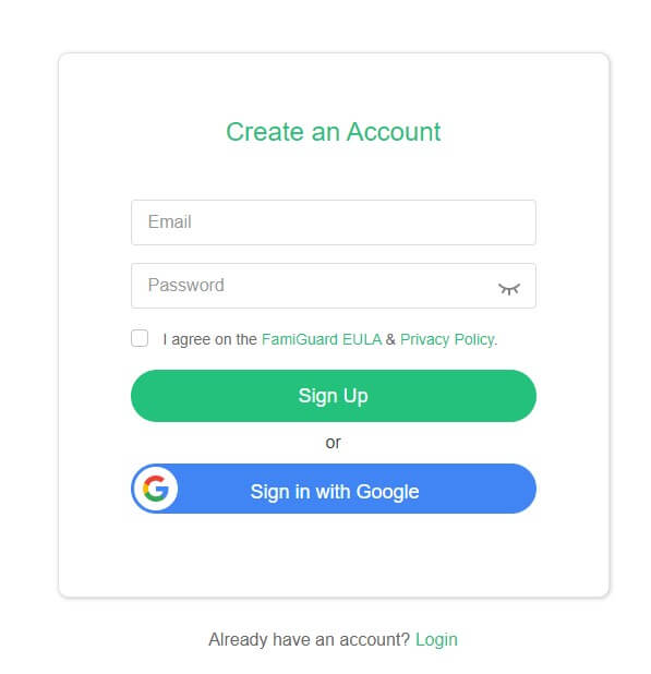 sign up Famiguard pro for android