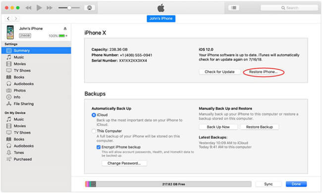 restore iPhone on iTunes