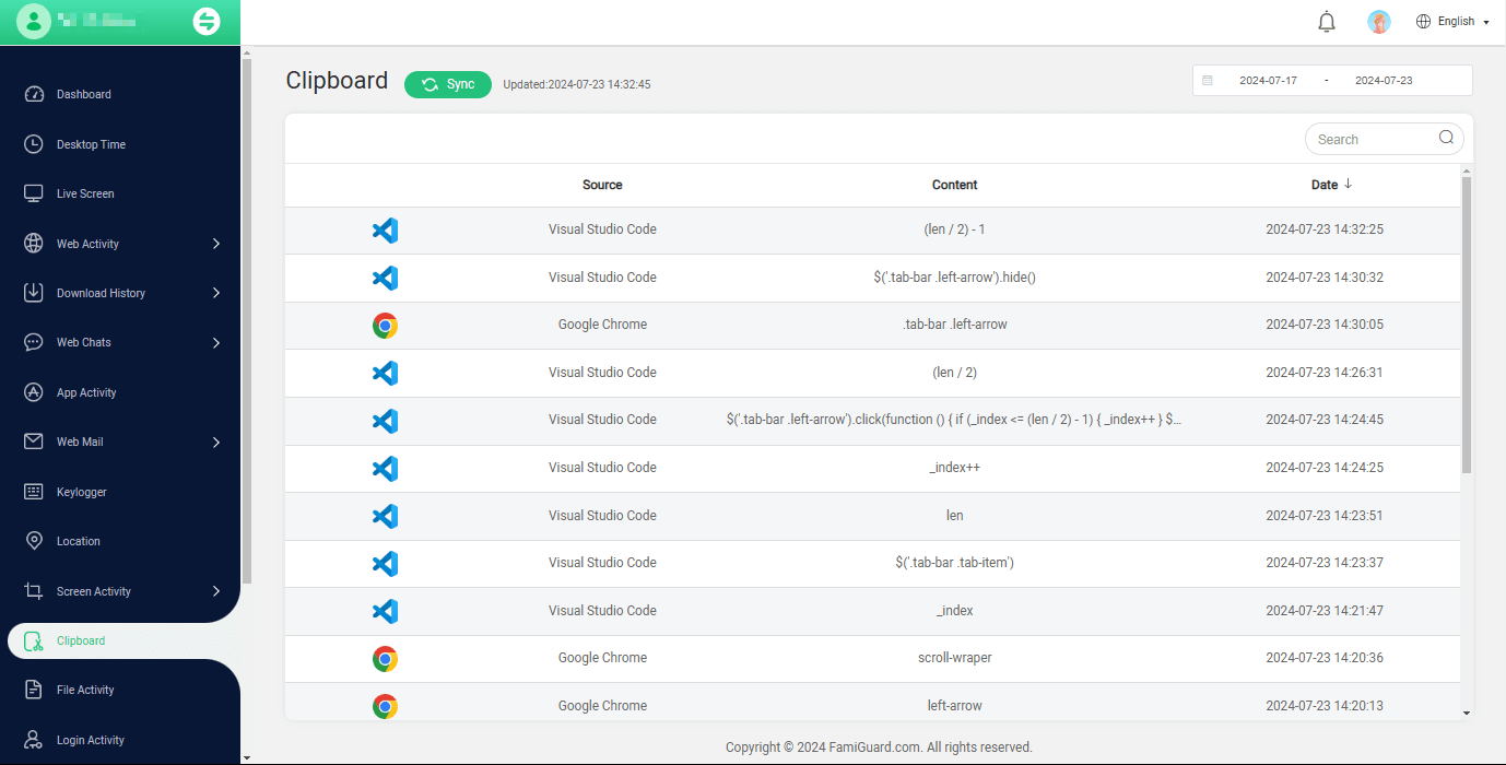 famiguard monisen to check clipboard history