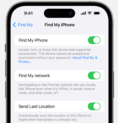 ios find my iphone settings