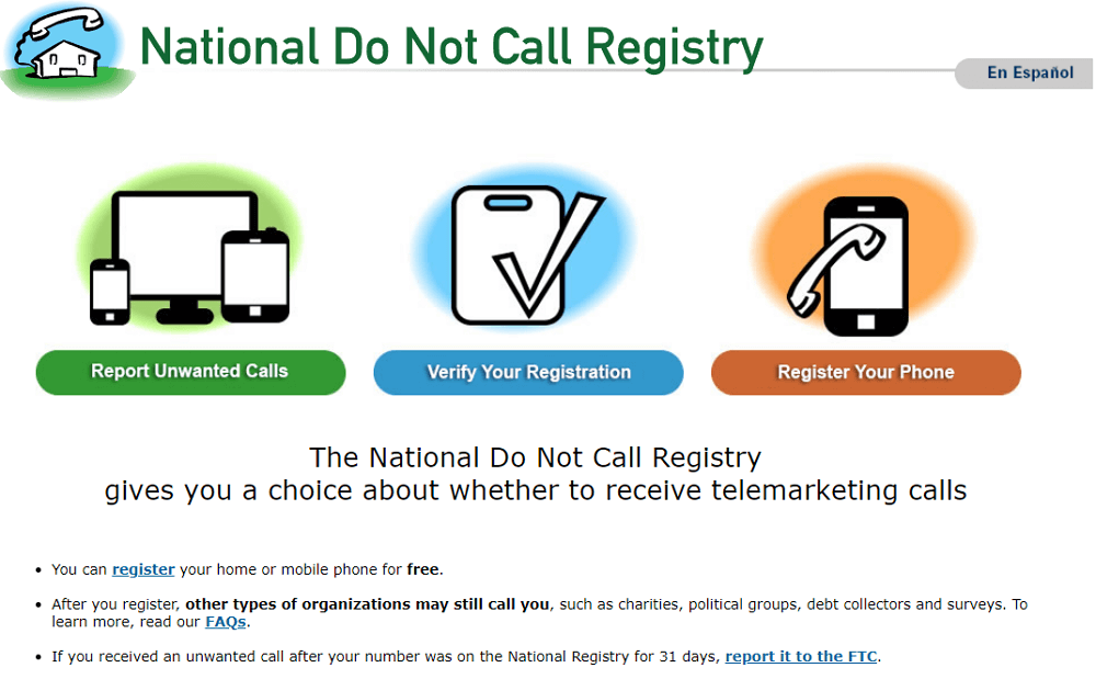 national do not call registry to block spam calls