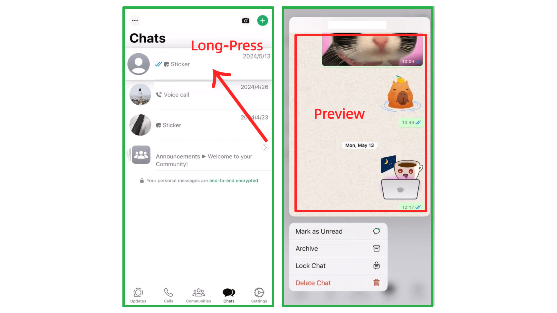 long press to preview whatsapp messages