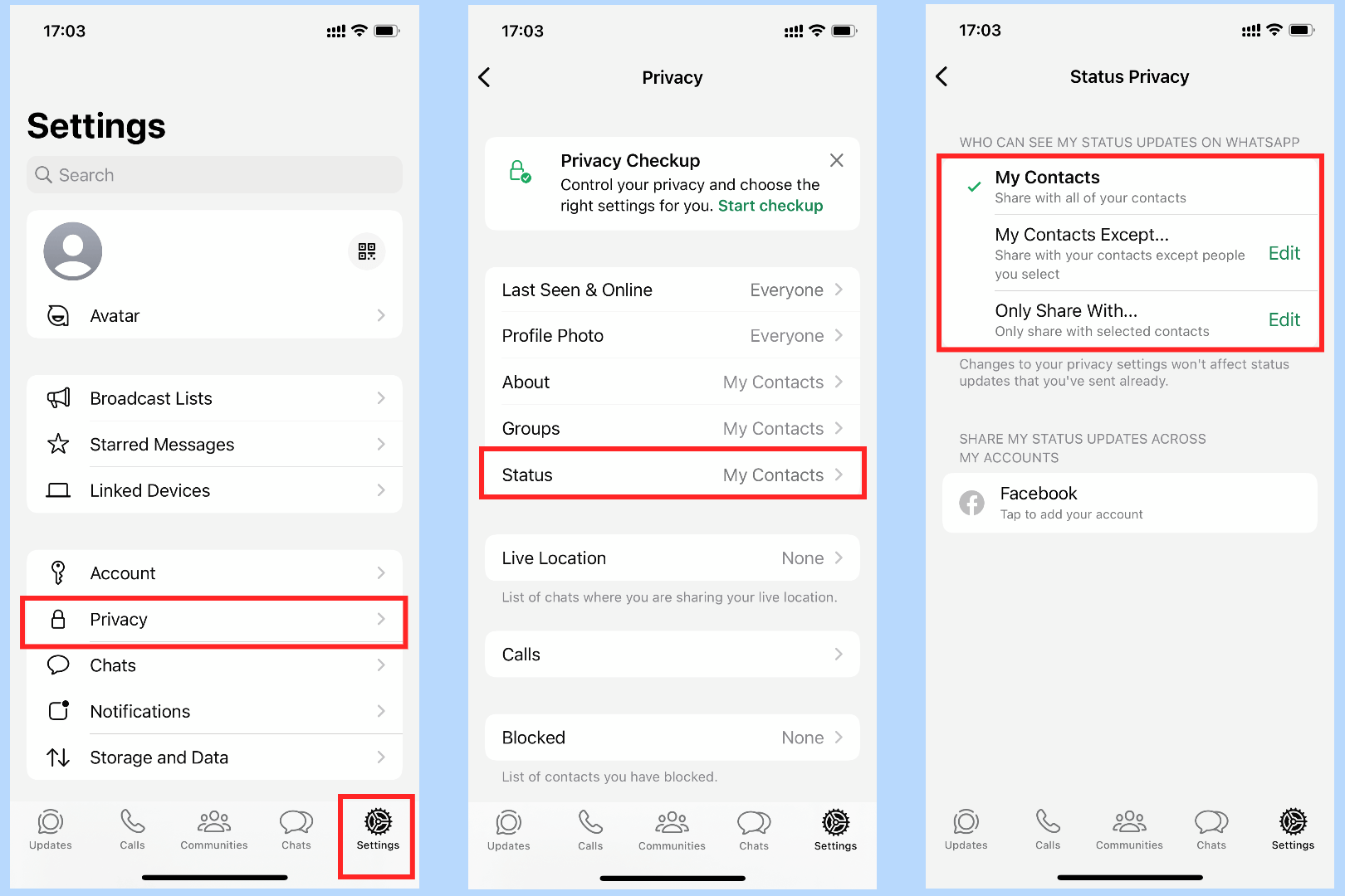how to set status privacy on whatsapp