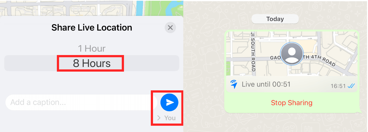 share 8 hours live location on whatsapp