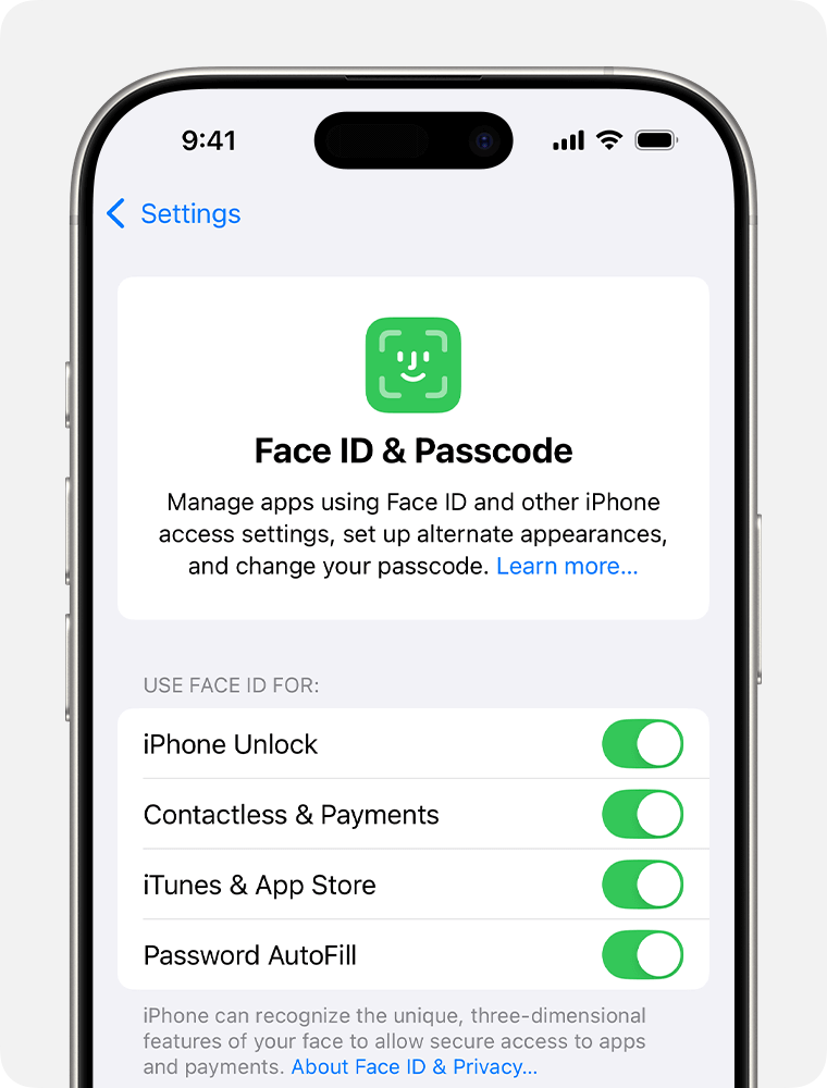 Tarkista Face ID -asetukset