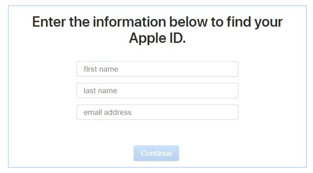 syötä tiedot etsi apple id