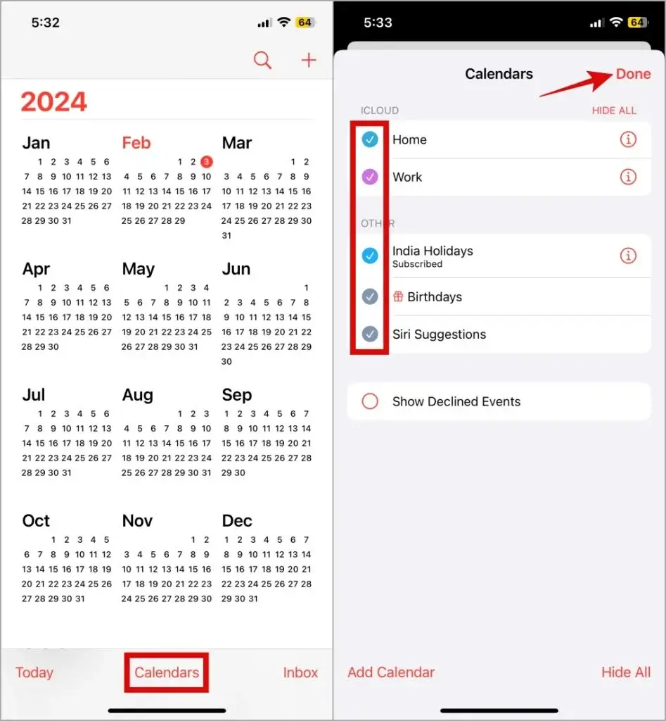 iPhonen kalenterinäkymän asetukset