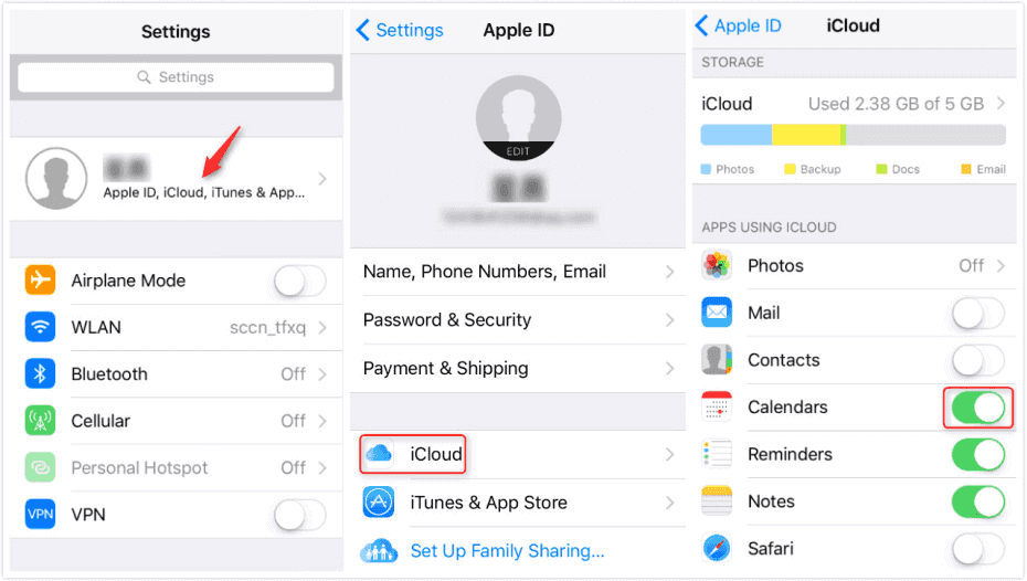 Kalenterin iCloud-synkronointi päällä