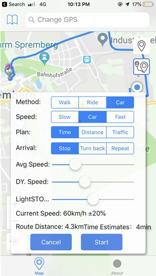 liikkeen asetukset kohdassa Double Location