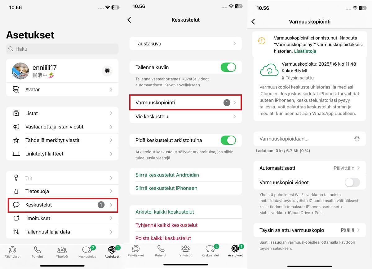 varmuuskopioi WhatsApp iPhonesta icloudiin
