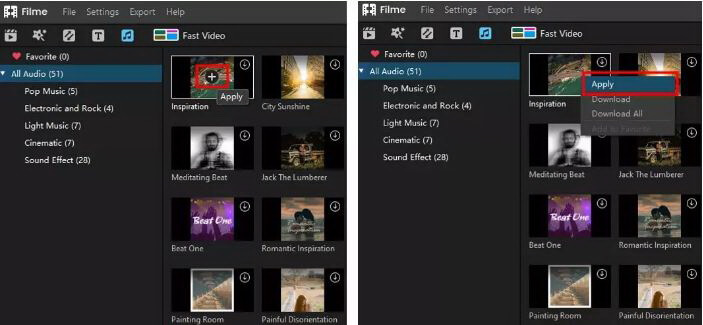 add built in music to video in filme