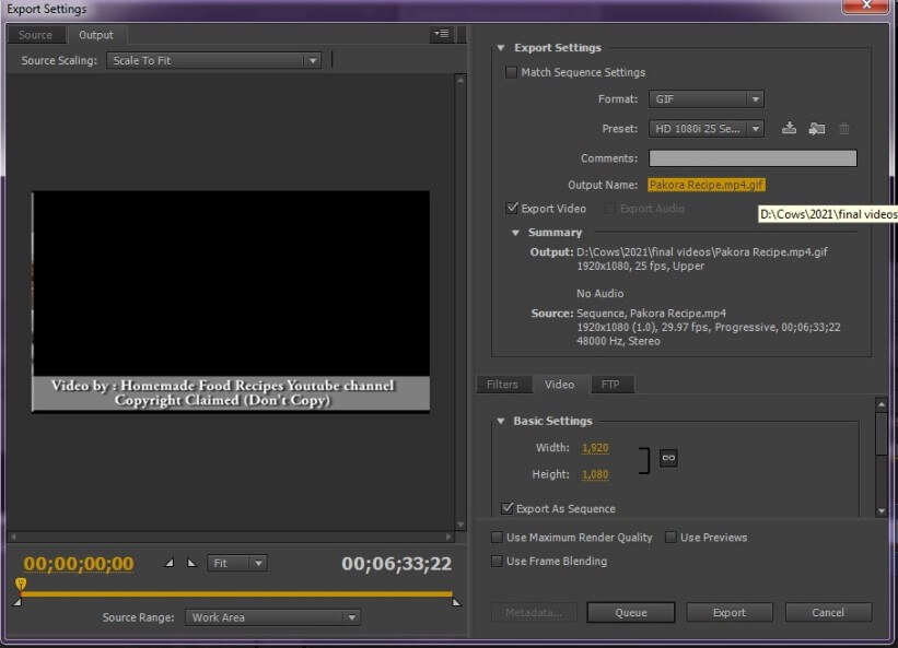 adobe premier pro export setting output