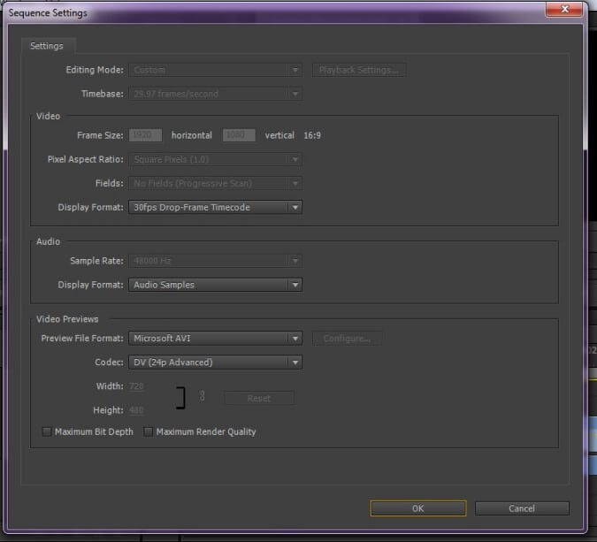 adobe premier pro sequence setting