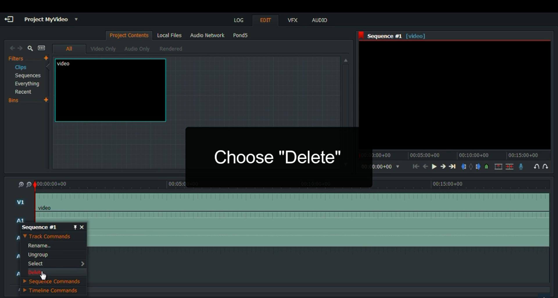 choose delete to delete audio in lightwork