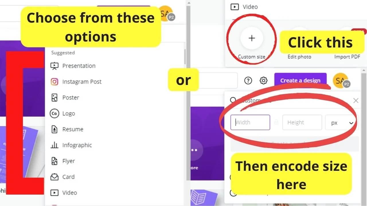 choose the template size in canva