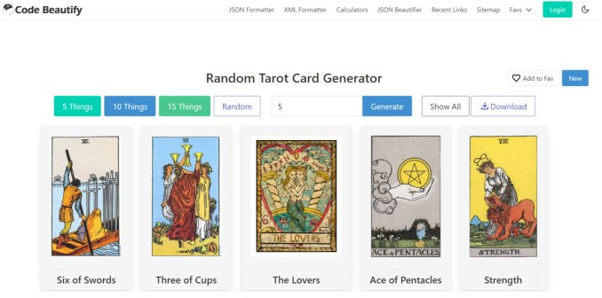code beautify random tarot card generator