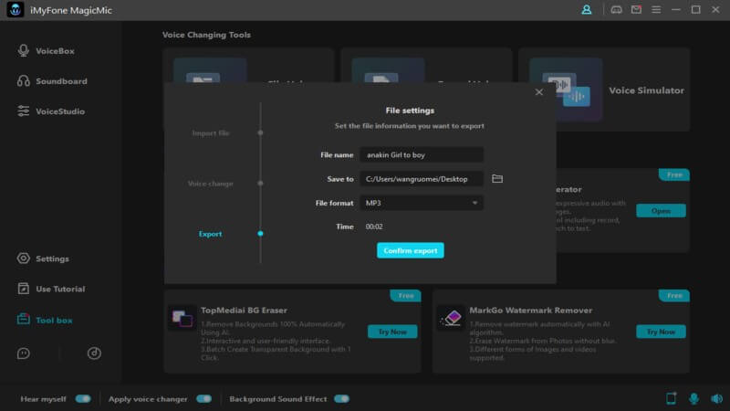 confirm to export voice change file on magicmic