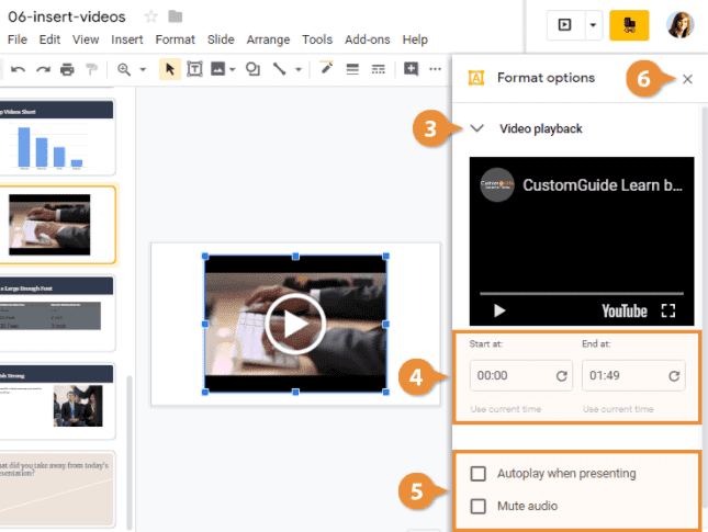 Video settings in Google slides  