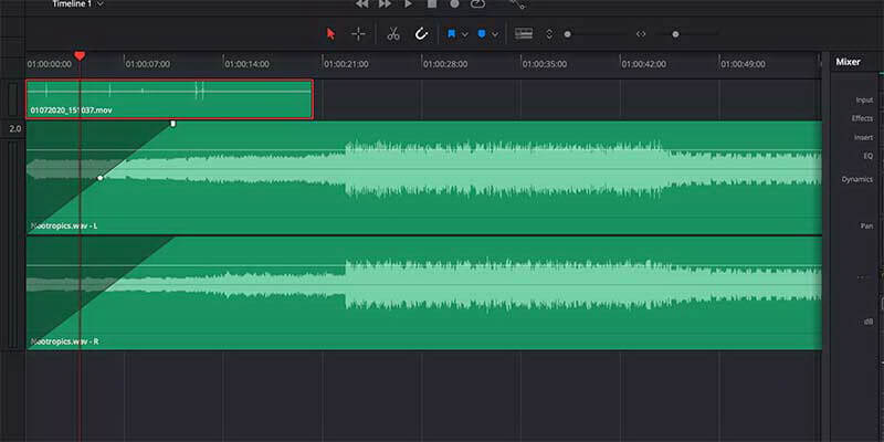 davinci resolve edit audio volume and fade transition