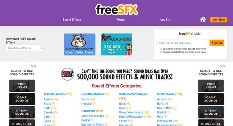 freesfx sound effects website interface