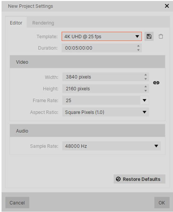 hitfilm project settings