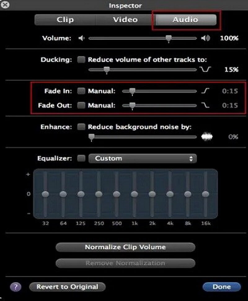 imovie audio inspector fade