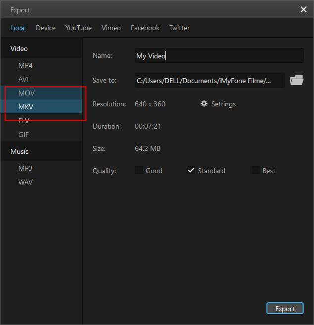 imyfone filme export mkv video