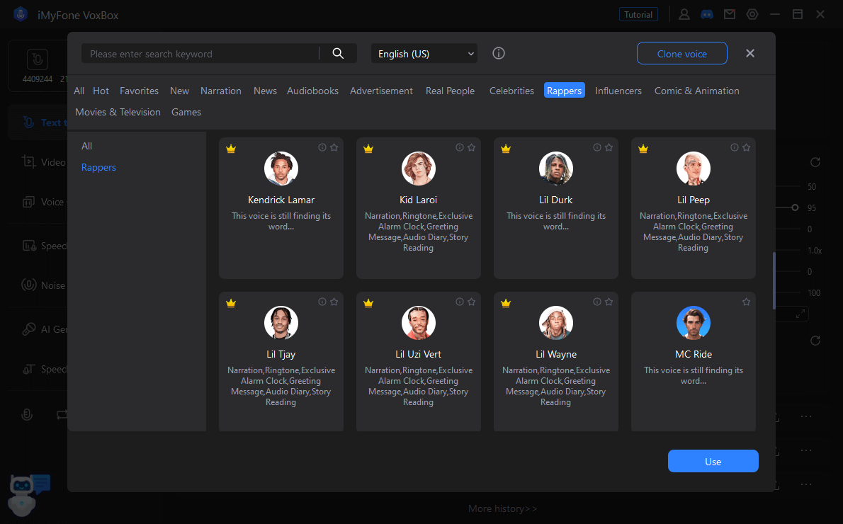 lil ai voice generator interface