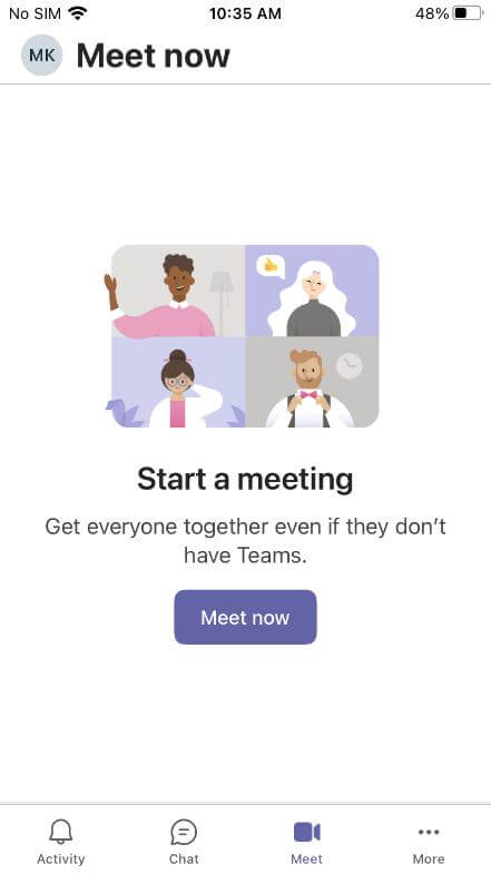 microsoft teams app start meeting