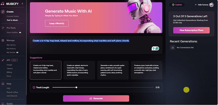 musicfy ai feature text to music