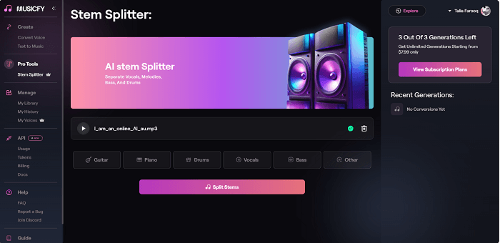 musicfy ai feature stem splitter