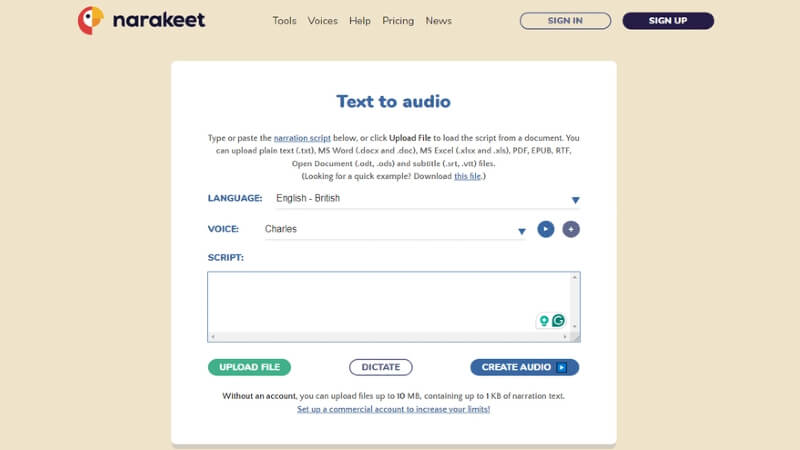 narakeet text to audio with baby voice