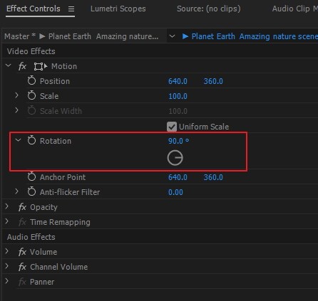 select the degree to rotate in adobe premiere