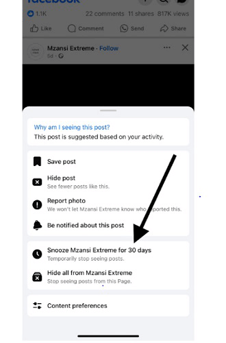 snooze option meta ai facebook