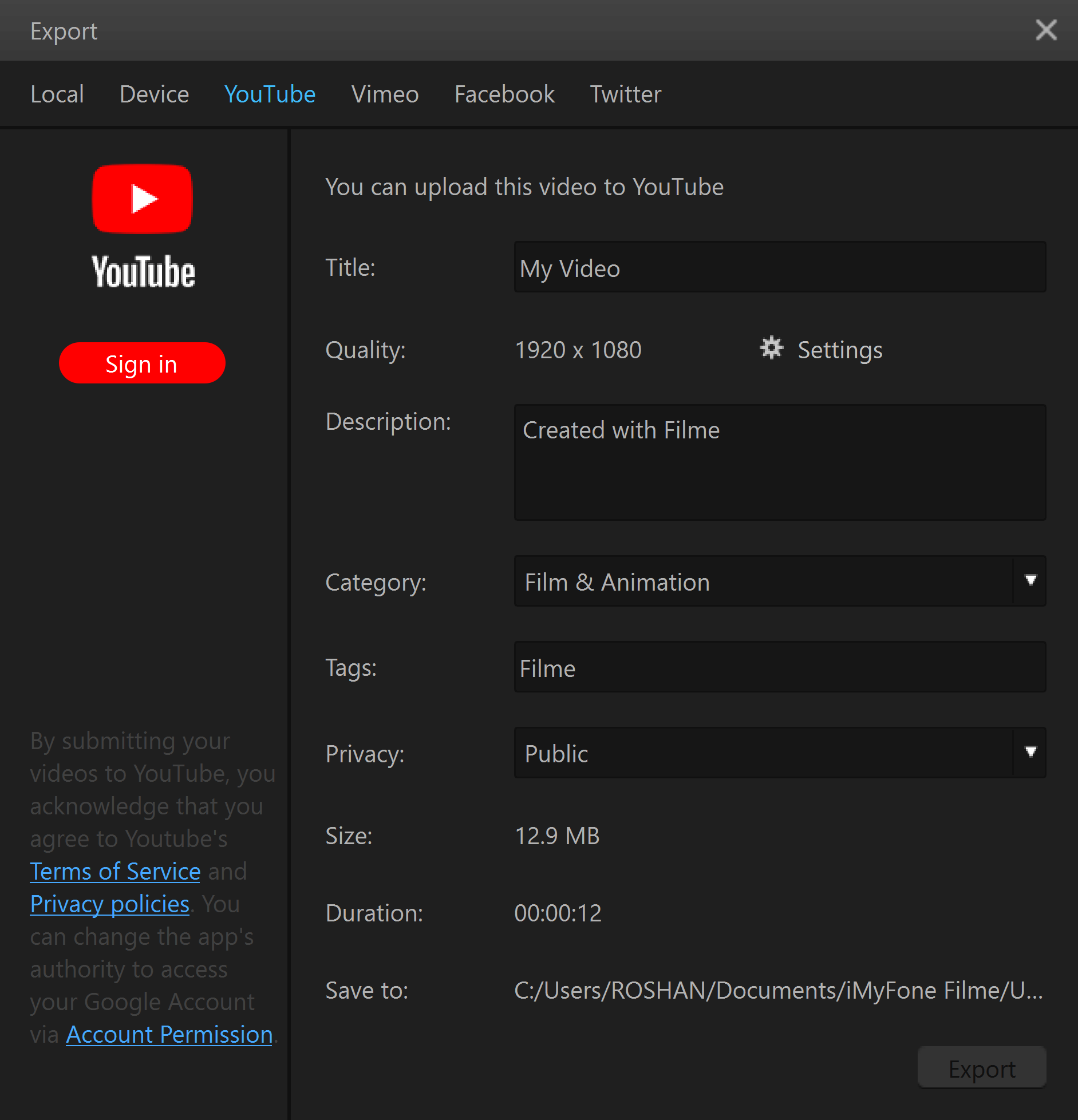 filme export to youtube