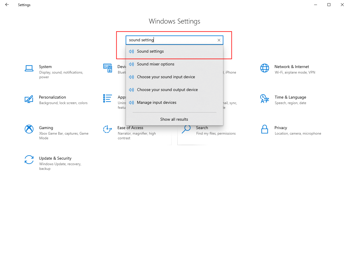 type sound on windows search bar