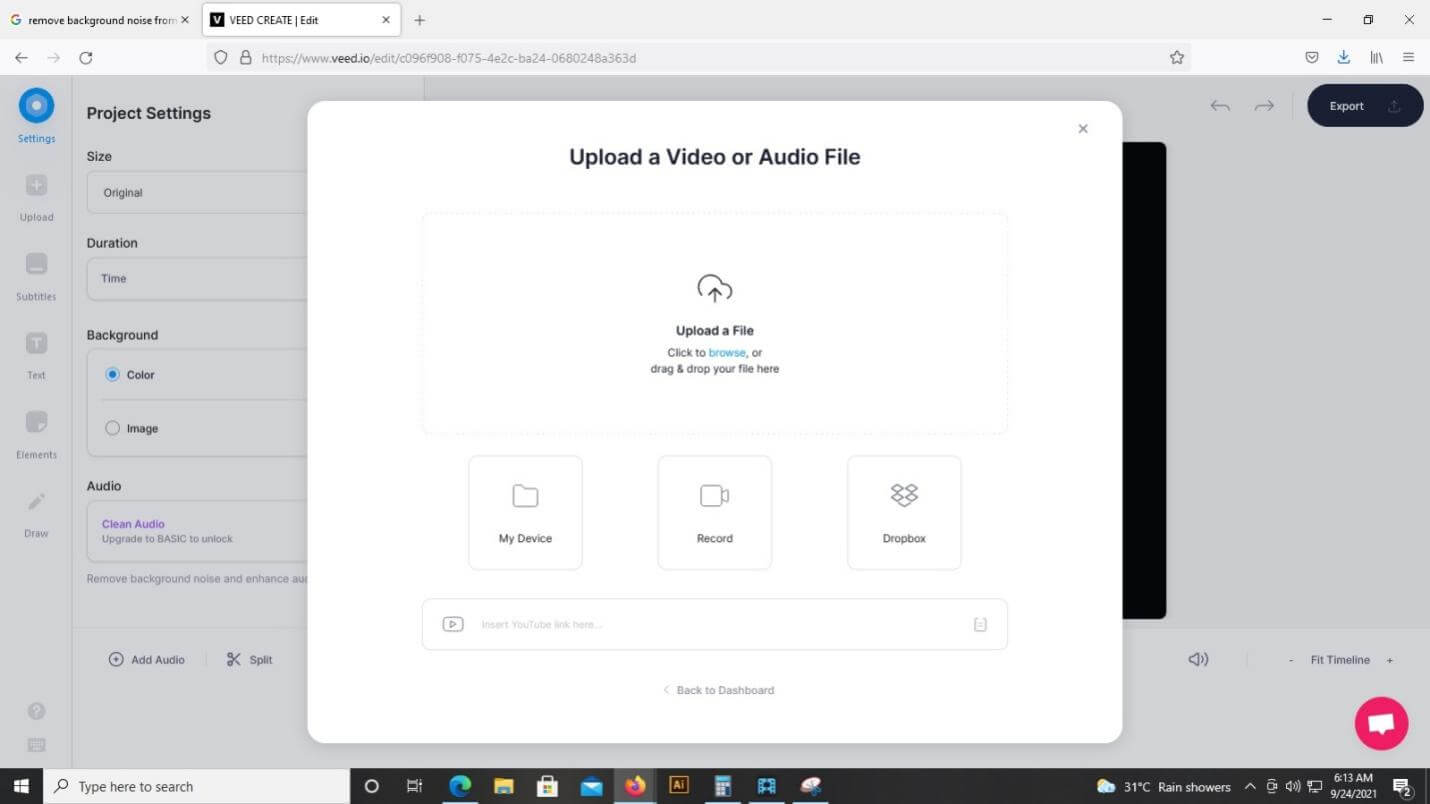 veed upload video remove background noise