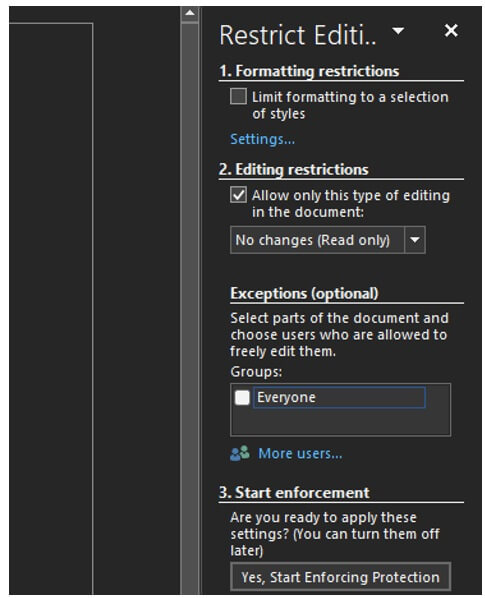 word restrict editing read only
