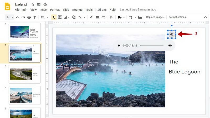 add audio google slides audio icon in the presentation