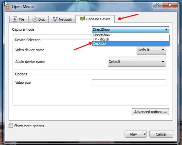 capture device in desktop vlc