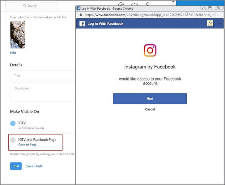 connect fb page to share instagram video