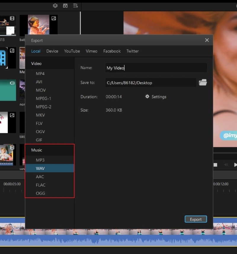 export the video select mp3