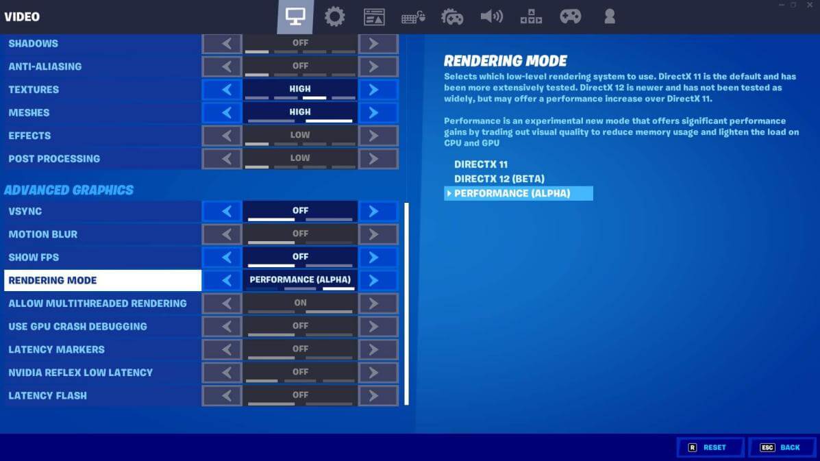 fortnite performance mode under advanced graphics