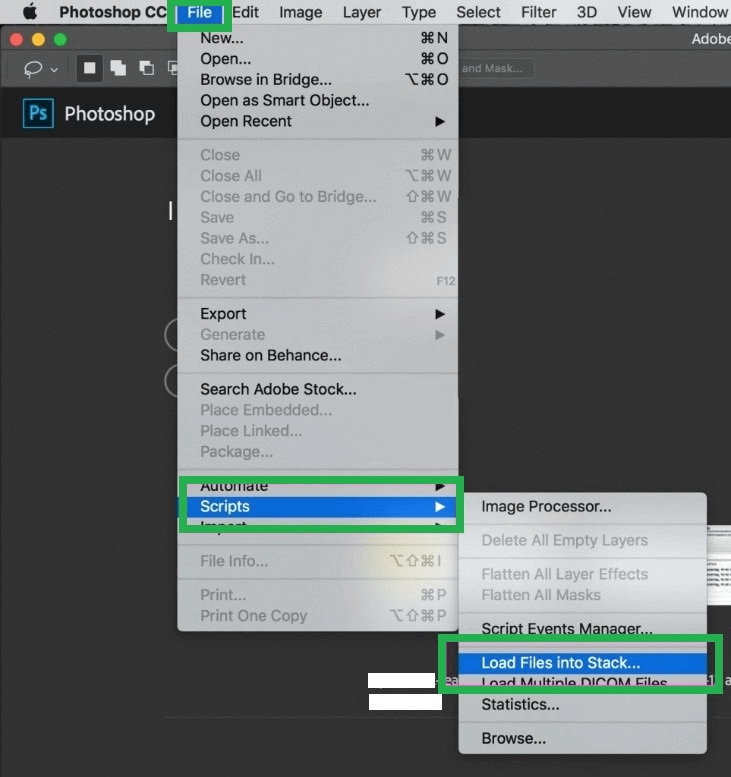 Load files into a stack on Photoshop