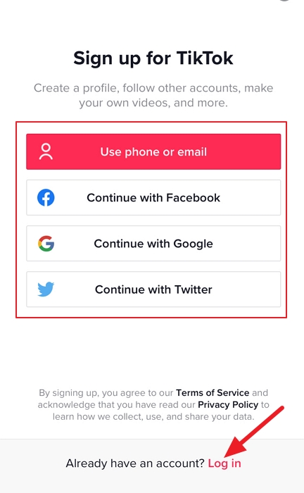 sign up or log in tiktok 