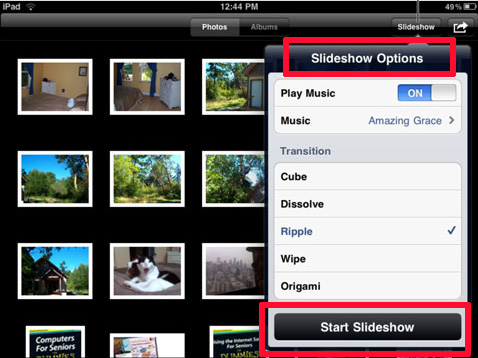 slideshow option menu on ipad