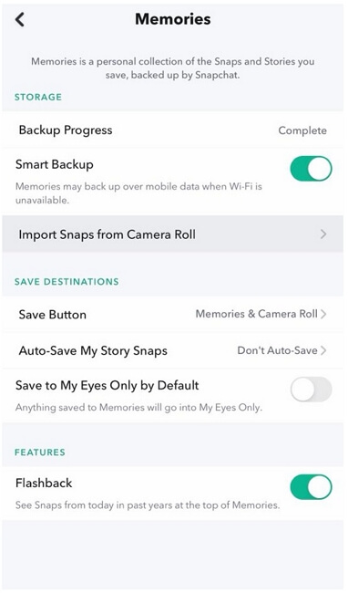 snapchat settings memories