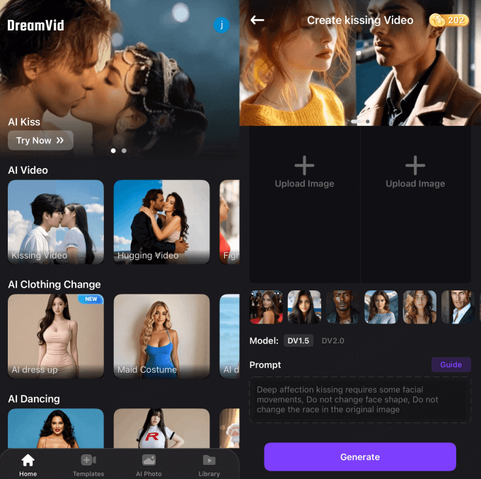 utiliser AI Kissing Tool DreamVid