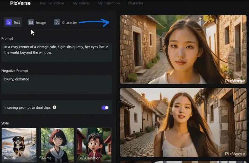 Génération texte-à-vidéo de Pixverse AI